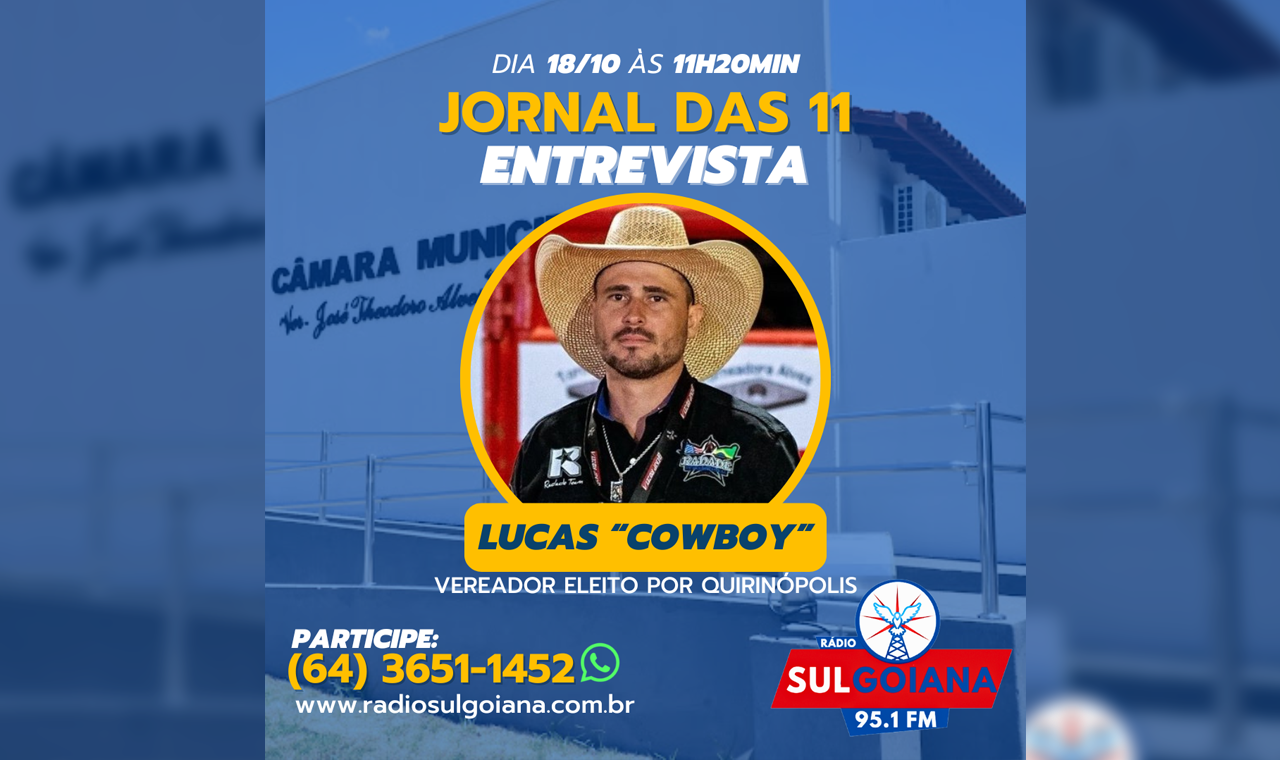 Rádio Sul Goiana entrevista hoje o vereador eleito Lucas Cowboy (PL)